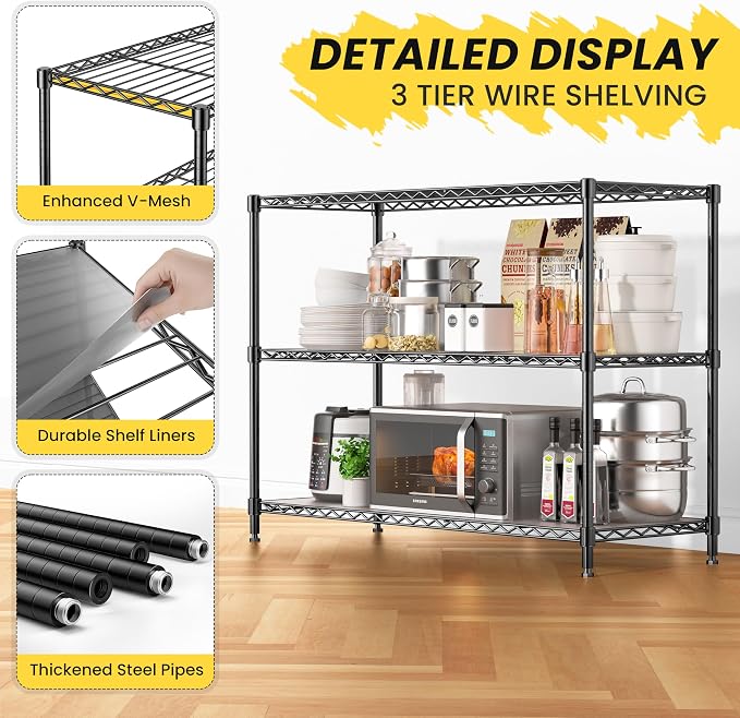 795LBS 3-Shelf Adjustable Storage Shelves 35.1" W x 14" D x 36" H Metal Shelving Unit Heavy Duty Wire Rack Small Organizer with Shelf Liners for Kitchen Pantry Bathroom Closet Garage Black - Image 8