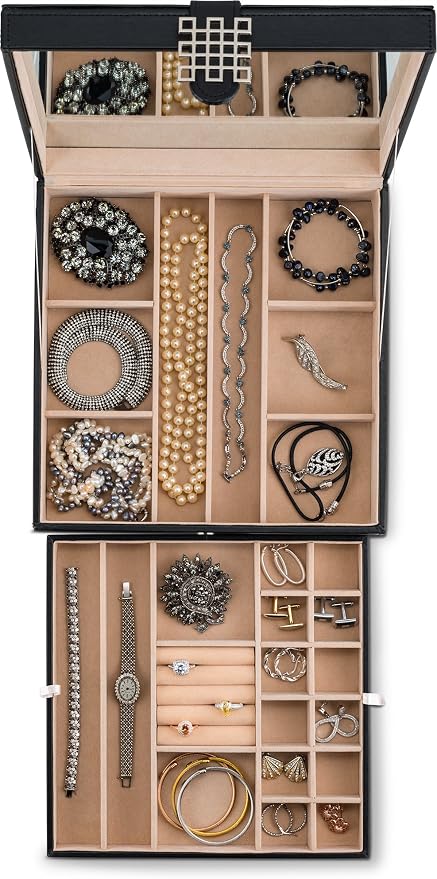 Glenor Co 28 Section Jewelry Box - 2 Layer - Buckle Snap & Magnet Closure - Large Mirror - Pu Leather - Black - Jewelry Organizer for Women & Girls - Holder for Earring Ring Necklace & Bracelet - Image 8
