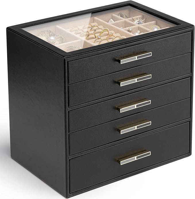 VLANDO 5 Layer Jewelry Box for Women, Glass Lid Jewelry Organizer with 5 Drawers for Necklaces Rings Earrings Bracelets - Black by VLANDO