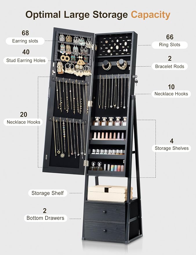 Nicetree Mirror Jewelry Cabinet Standing, Lockable Jewelry Cabinet Armoire with 2 Drawers, Full Length Mirror with Jewelry Storage, Christmas Gifts, Black - Image 4