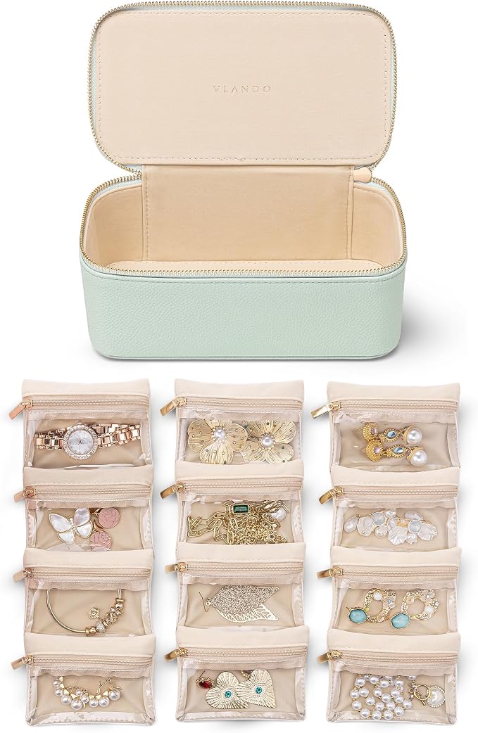 Vlando Jewelry Travel Case,Travel Jewelry Organizer with Clear Velvet Jewelry Bags 12Pcs Zipper Pouch for Women-Mint Green by VLANDO