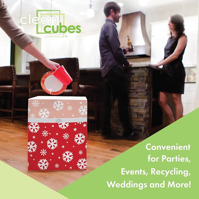 Clean Cubes 13 Gallon Disposable Pop-Up Trash Cans (3-Pack) with Fitted Bags – Foldable Garbage & Recycling Bins for Parties, Events & Kitchen (Snowflake, 17" H x 13.5" W x 10" D) - Image 2