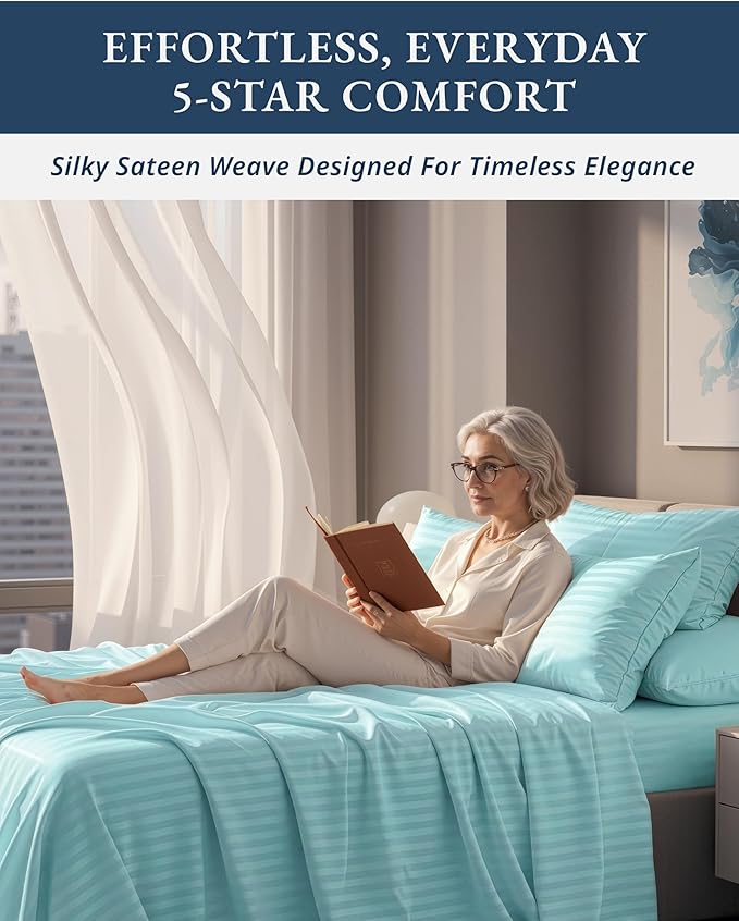 LANE LINEN 100% Egyptian Cotton Luxury Bedding Queen Sheet Set, Fade Resistant, No Pill, Naturally Cooling, Soft & Comfy Silky Smotth Sateen Weave Sheets Damask Stripe - Blue Sky