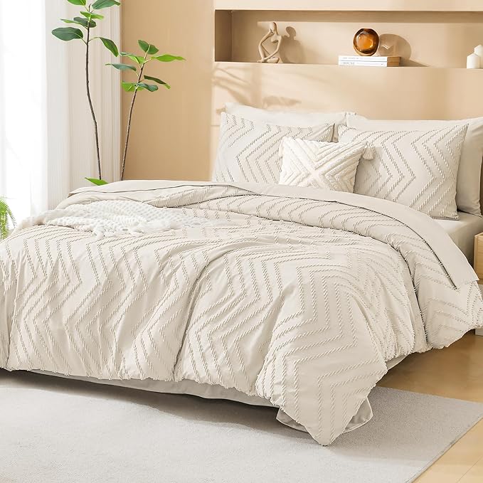 Litanika Full Size Comforter Set with Sheets Beige - 7 Pieces Bed in a Bag Full Boho Tufted Complete Bedding Sets with Comforter, Sheets, Pillowcases & Shams