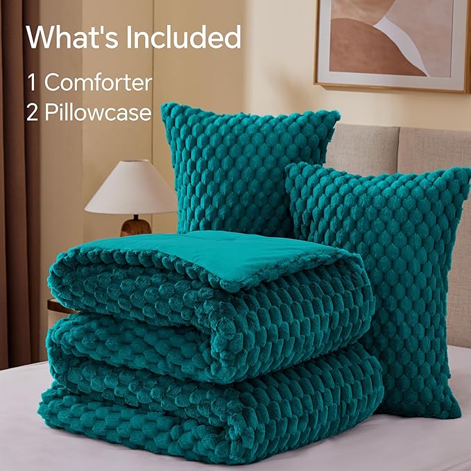BEDELITE Fluffy King Size Comforter Set - Teal Fleece Soft Comforter for King Size Bed, Luxury Warm Bedding Set for Winter, Fuzzy Bed Set 3 Pieces (1 Comforter, 2 Pillowcases)