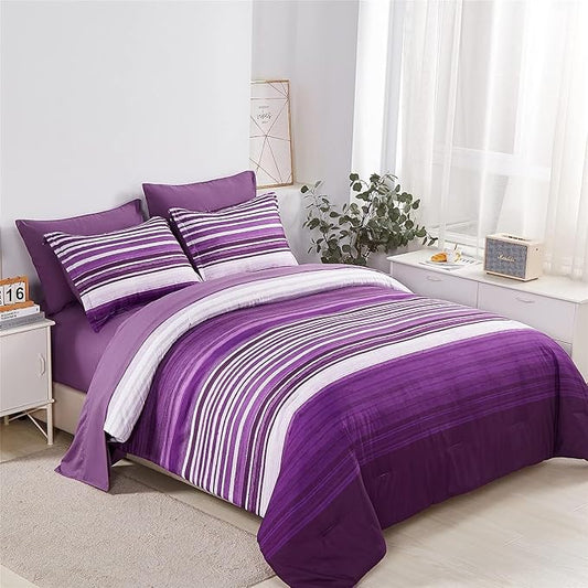 KAKIJUMN 5 Piece Bed in a Bag Stripe Comforter Set Twin Size, White and Purple Patchwork Striped Comforter and Sheet Set, All Season Soft Microfiber Complete Bedding Sets(Purple,Twin)