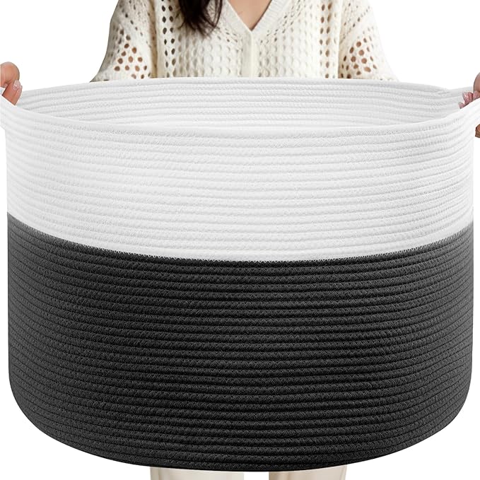 XXXL Large Laundry Basket, 105L Soft Cotton Rope Basket, Blanket Storage and Organizers, Baby Nursery Laundry Hamper, Extra Large Toys Storage Bins for Kids 23.6'' x 14.6'', White & Black by Unknown