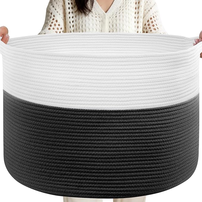 XXL Large Laundry Basket, 90L Soft Cotton Rope Basket, Blanket Storage and Organizers, Baby Nursery Laundry Hamper, Extra Large Toys Storage Bins for Kids 23'' x 13'', White & Black by Unknown