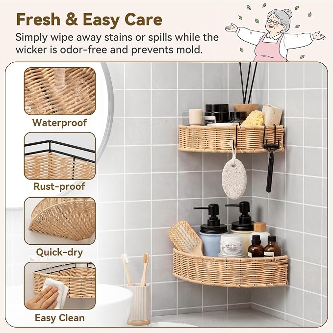 GRANNY SAYS 2 Pack Wicker Corner Shower Caddy Hanging, Shower Shelf for Inside Showers, Adhesive Shelves for Bathroom Organizers and Storage, Bathroom Shelves Wall Mounted for Home Decor, Natural - Image 4