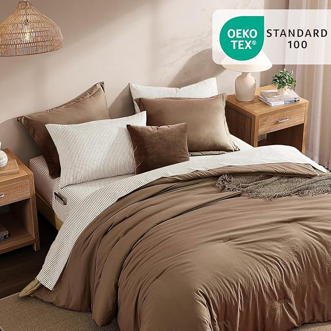 Monbix Queen Comforter Set - 7 Pieces Brown Prewashed Bed in a Bag Queen Bedding Sets with Comforters, All Seasons Ultra Soft Comforter Bed Set with Sheets,Pillowcases & Shams