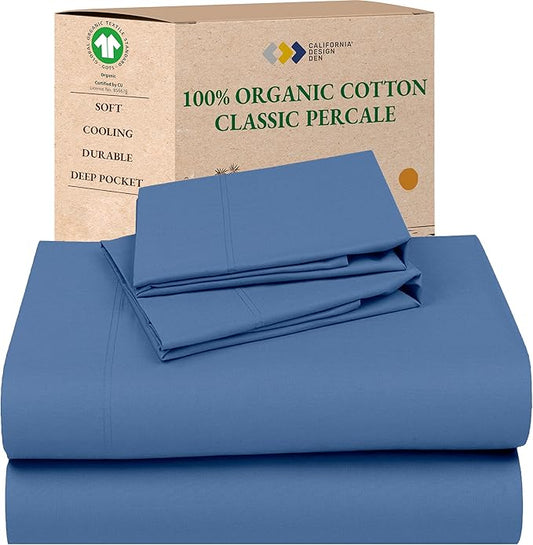 California Design Den Soft 100% Organic Cotton Bed Sheets King Size Set - Crisp and Cool Percale, Deep Pocket Organic Sheets with Anti-Skid Elastic, Breathable and Durable Bedding Set - Riviera Blue