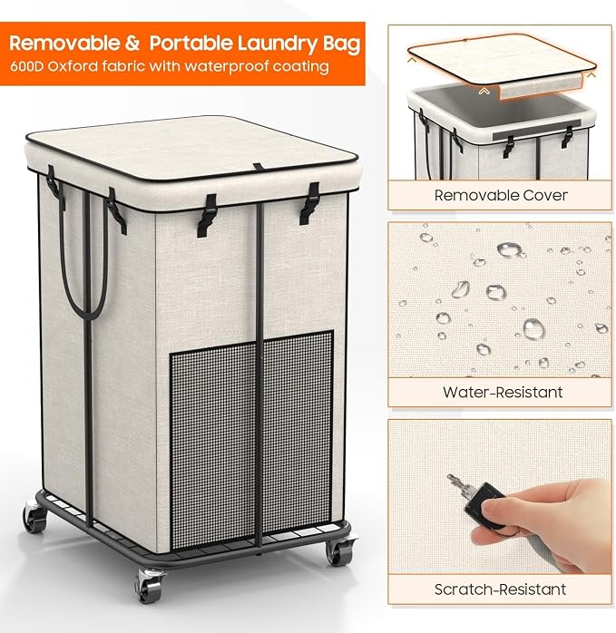 160L Laundry Hamper with Lid, Rolling Laundry Basket with Wheels, Large & Tall Dirty Clothes Hamper with Metal Frame and Removable Bag for Bedroom Aesthetic, Laundry Room, Bathroom, Dorm-White - Image 4