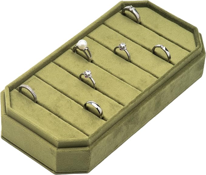Velvet Ring Organizer Display Tray Jewelry Box Earring Holder Case for Wedding Birthday Christmas Day (Olive Green) - Image 2