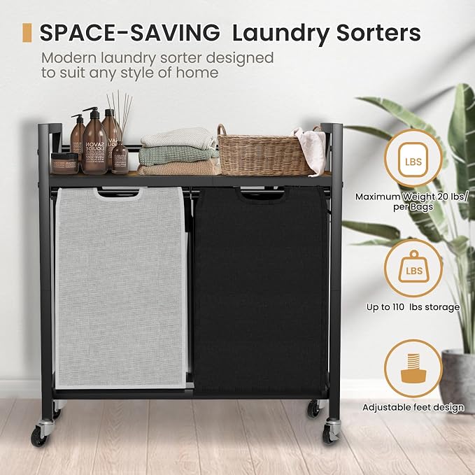 SwaaVee Laundry Hamper, Laundry Basket, Laundry Sorter with 2 Removable Bags, Clothes Basket with 2 Compartments, Wheels, Shelf for Laundry Room Bathroom Bedroom (2 Bags-Black Grey) - Image 7