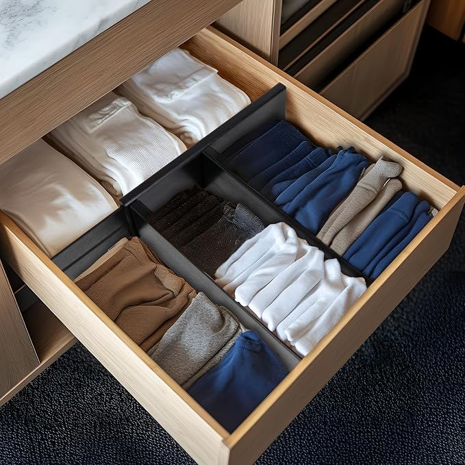 Utoplike Bamboo Dresser Drawer Dividers, 4'' High Adjustable Drawer Organizers for Clothing, Spring Loaded, Works in Kitchen, Bathroom, Bedroom, Drawer, Desk, 4 PCS, Black - Image 5