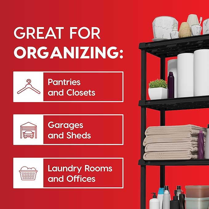 IRIS USA 5-Shelf Light Duty Plastic Storage Shelves, 250lb Capacity, 64" H x 24" W x 12" D, Medium Modular Shelving Unit Storage Organizer for Bathroom, Laundry, Garage & Home, Storage Rack - Black - Image 5