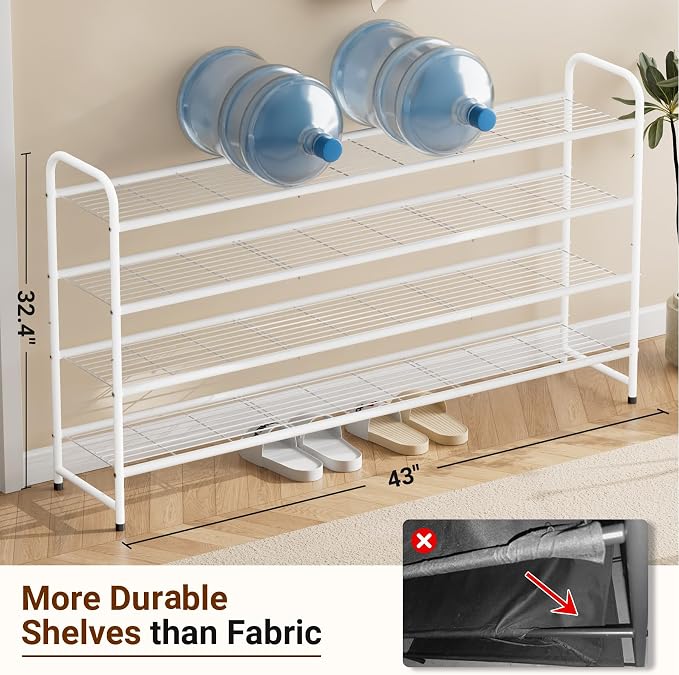 KEETDY 4-Tier Long Shoe Rack for Closet Floor, Wide Shoe Organizer Storage, Stackable Shoe Rack for Entryway Metal Shoe Shelf for 30 Pairs Men Sneakers with Wire Grid for Bedroom, White - Image 4