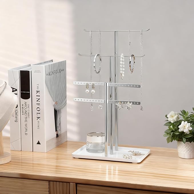pickpiff Silver Jewelry Stand Holder Organizer: 14.5" Sturdy Hanger for 80 Pcs Jewelry, Jewlery Tower for Display Necklace, Earring, Bracelet, Watch - Image 6