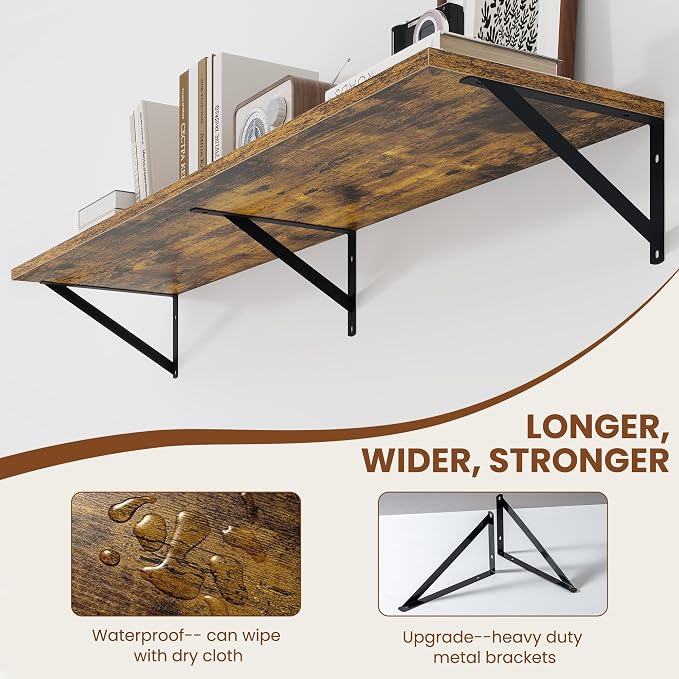 Heimlove Deep Floating Shelves for Wall, 48W x 12D Wood Wall Shelves Set of 2, Wide Floating Bookshelf for Living Room, Kitchen, Office, Bedroom and Decor Storage, with Metal Bracket - Rustic Brown - Image 5
