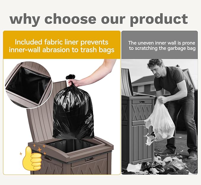 DWVO 36-Gallon Outdoor Trash Can with Fabric Bag, Tiered Lid & Drip Tray, Waterproof Resin Garbage Bin for Patio, Deck, and Backyard, Dark Brown - Image 3