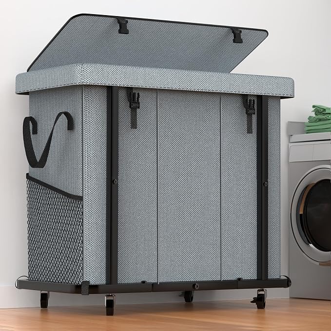 60 Gal (230L) High Grade Large Laundry Basket with Wheels, Rolling Laundry Hamper, Laundry Cart with Metal Frame and Removable Bag Design, Suitable for Laundry Room, Bedroom (Grey, 3 Section 230L) by Unlockyourhomestoragelife