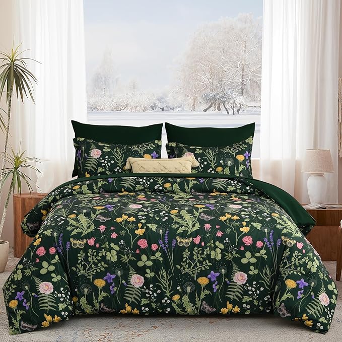 Yiran Dark Green California King Comforter Set, 7 Piece Summer Floral Comforter Bedding Set, Bed in a Bag with Flowers Pattern, Soft Microfiber Complete Bedding Set with Sheets for All Season
