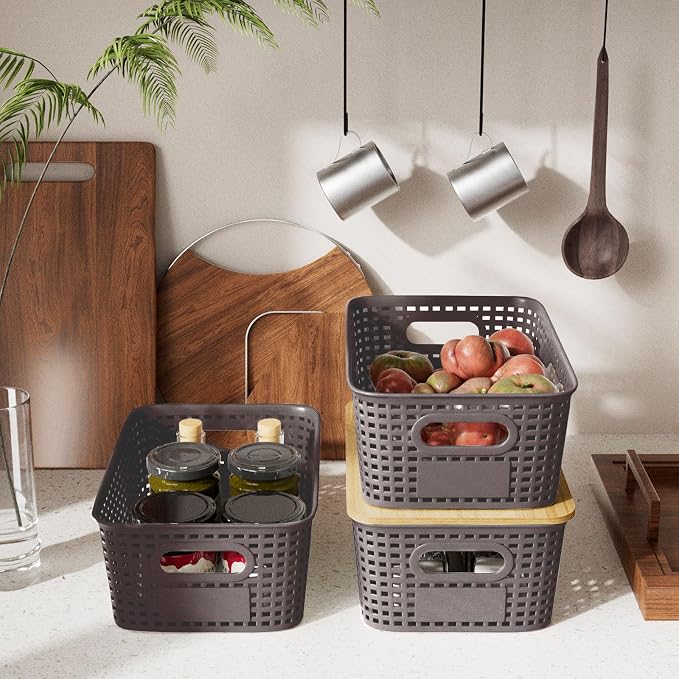 6Pcs Storage Bins with Lids, Stackable Plastic Storage Basket with Bamboo Lid, Pantry Organizer Box Small Containers for Organizing Shelves Drawer Desktop Closet Cabinet Office Classroom 10x7.1x4.1in - Image 6