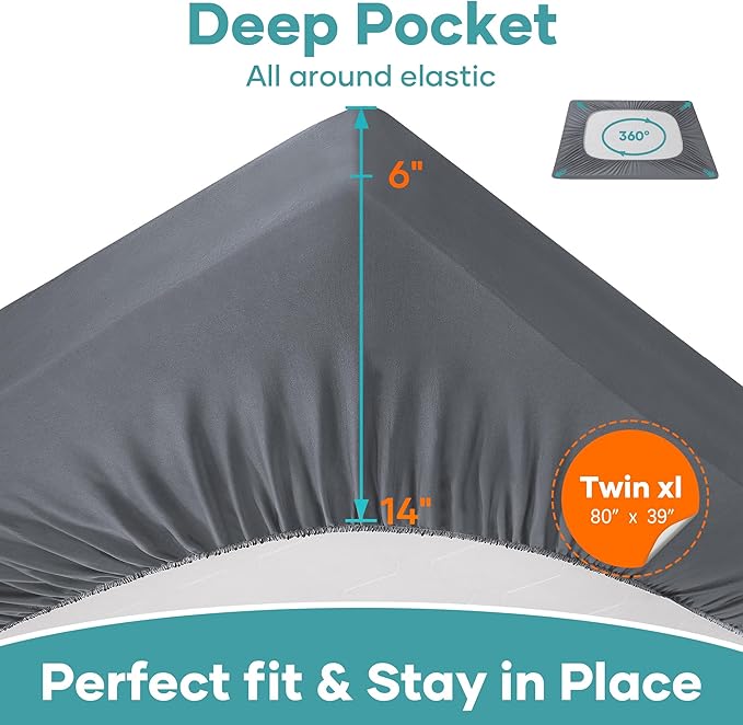 OhGeni 100% Waterproof Mattress Protector, Twin XL Grey, Fitted Sheet with Deep Pockets, 6''-14'', Premium Noiseless Breathable Soft Material, Mattresses Cover for Bed