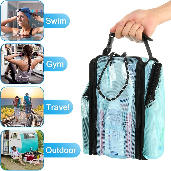 Cosmos Mesh Shower Caddy Toiletry Organizer Hanging Shower Tote Bag, Quick Dry Shower Organizer Portable Bath Bag with Durable Zippers & Side Pockets for Travel Gym Swimming Beach & Camp (Aqua Blue) - Image 6