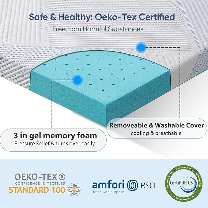 3 Inch Full Size Gel Memory Foam Mattress Topper High Density Cooling Pad Pressure Relief Bed Topper with Removable & Washable Cover