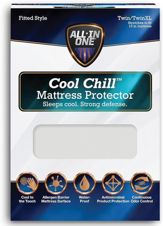 All-in-One Cool Chill Twin/Twin XL Size Waterproof Mattress Protector with 15" Elastic Deep Pocket, Soft and Breathable Cooling Mattress Protector, 39" x 80", White