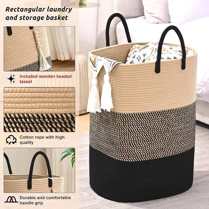 Woven Laundry Basket for Clothes, 65L Large Rectangle Laundry Hampers with Beads Tassel, Nursery Storage Basket for Toys, Tall Dirty Clothes Hamper for Bedroom Aesthetic, Laundry Room Organization - Image 8