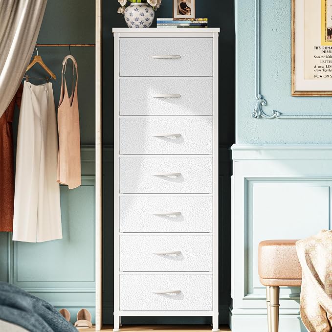 Huuger Tall Dresser for Bedroom, 7 Drawer Dresser & Chests of Drawers, Fabric Drawer for Closet, Bedroom, Night Stand, Metal Frame, Storage Tower with Fabric Bins, White by Huuger
