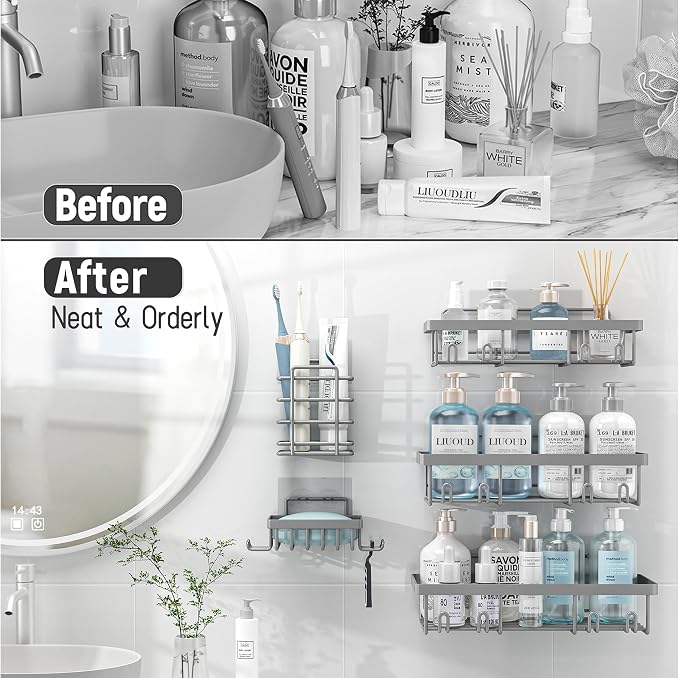 Liuoud 5 Pack Shower Caddy Organizer Rack Shelf for Inside Shower, Self Adhesive Bathroom Wall Storage Basket Rustproof Stainless Steel Large Capacity Shampoo Holder, Grey - Image 6