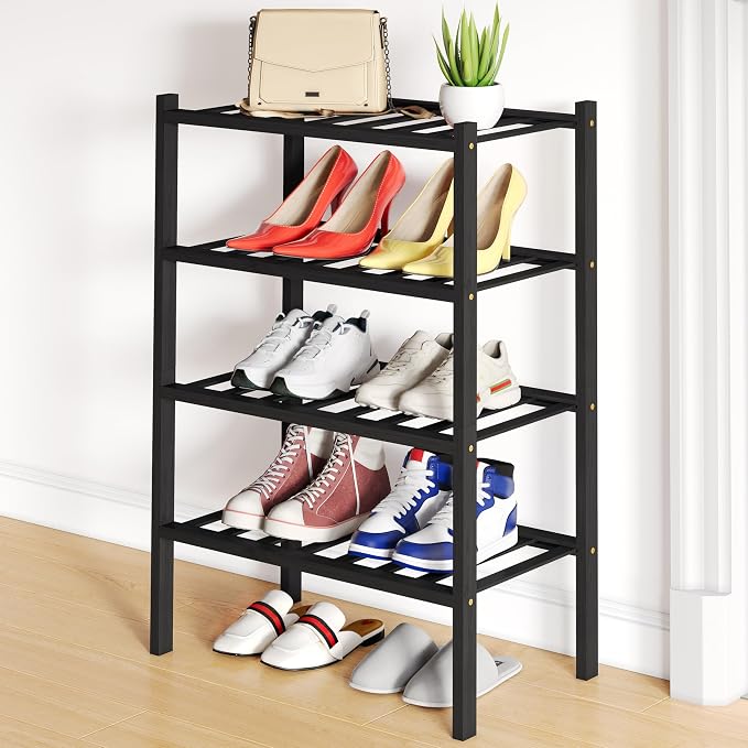 Smiry Shoe Rack, 4 Tier Small Bamboo Shoe Organizer, Stackable Free Standing Wooden Shoe Storage Shelf for Closet, Entryway, Front Door Entrance, Black by Smiry