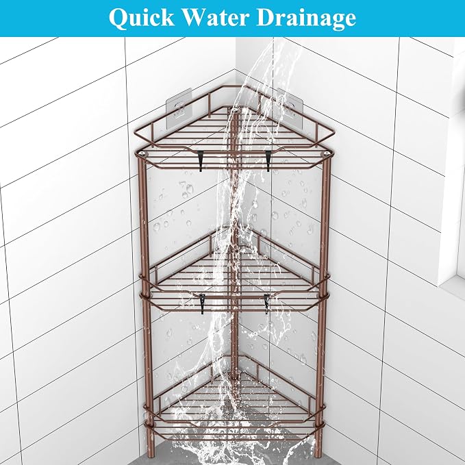 HuggieGems 3 Tier Floor Standing Corner Shower Caddy Organizer Shelf with Hooks, Bathroom Shelves Stand Rack, Coffee - Image 5