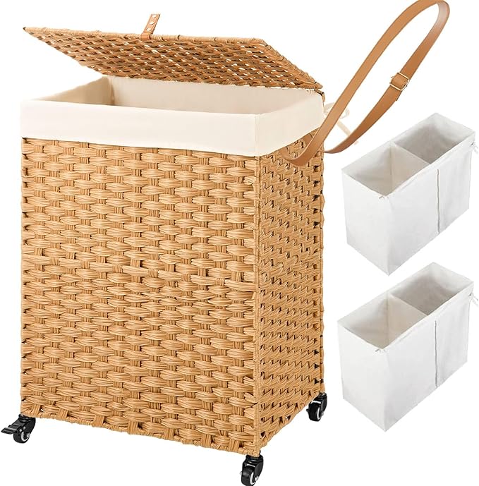 Greenstell Laundry Hamper with Wheels, No Install Needed, 90L Divided Handwoven Hampers & 2 Removable Liner Bags, Synthetic Rattan Clothes Laundry Basket with Lid & Handles, Foldable Hampers Natural by Greenstell