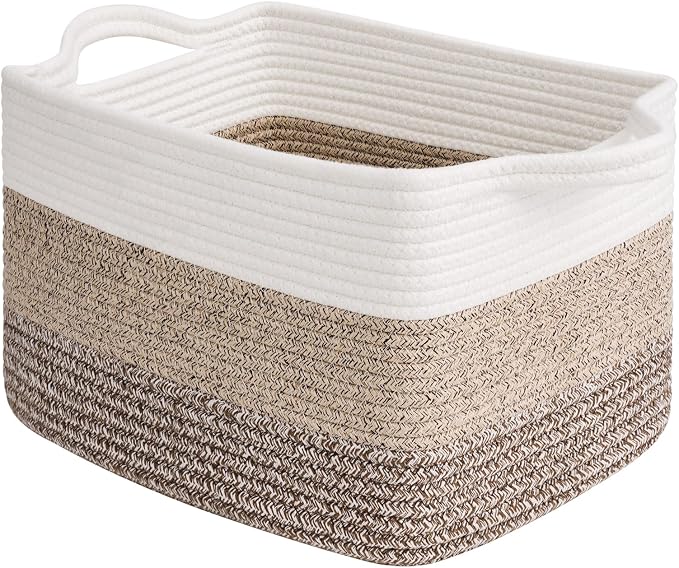 Goodpick Woven Storage Basket, 13"x10"x9" Cotton Rope Organizer for Dog Toys, Books, Stylish Gift Basket with Handles, Small Laundry Baskets for Shelves, Gradient Brown by Goodpick