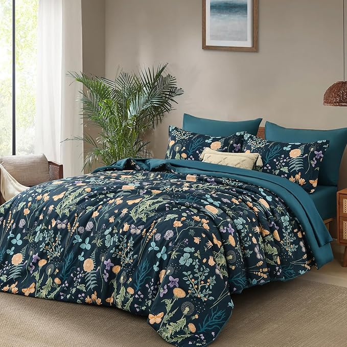 Yiran Comforter Set Queen Size, 7 Piece Peacock Blue Floral Comforters Lightweight Bedding Set Bed in a Bag Soft Microfiber Complete Botanical Beds Sets with Sheets for All Season Winter Spring