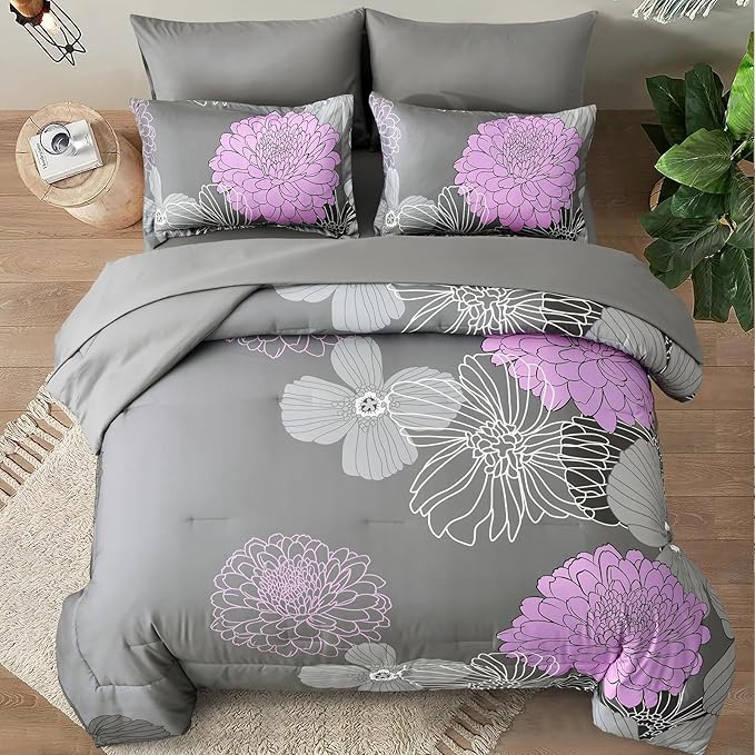 Yiran Cal King Comforter Set -7 Pieces Purple Grey Floral Comforter Set for All Seasons,Bed in a Bag Cal King Flowers Comforter with Flat Sheet Fitted Sheet Pillowshams Pillowcases
