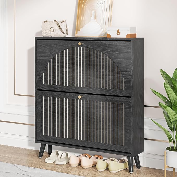 Fsbecl Shoe Storage Cabinet for Entryway with 2 Flip Drawers, Narrow Wood Shoe Cabinet with Fluted Panel, Freestanding Hidden Shoe Organizer for Foyer, Hallway (Black - No Shelf) - Image 8