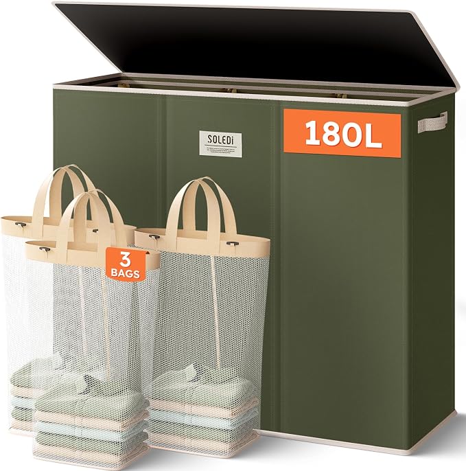 SOLEDI 180L 3-Section Laundry Hamper with Lid, Extra Large Dirty Clothes Basket with Sturdy Handles for Laundry Room & Bedroom - Durable Organizer for Sorting Laundry by SOLEDI
