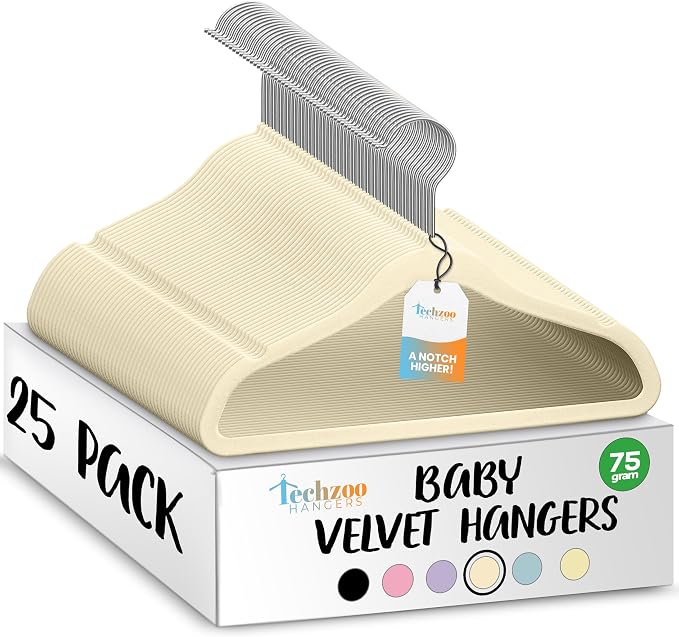 TechZoo 25 Premium Baby Velvet Hangers - 11.8 Inches Non-Slip & Ultra-Slim Baby Hangers for Space-Saving & Children Clothes - 360 Swivel Hook, Strong & Durable Infant & Toddler Clothes Hanger - Beige by TECHZOO