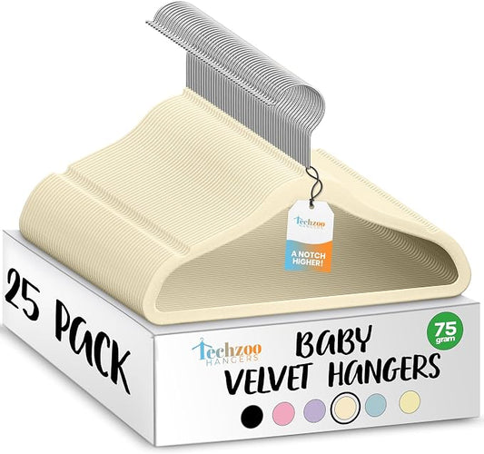 TechZoo 25 Premium Baby Velvet Hangers - 11.8 Inches Non-Slip & Ultra-Slim Baby Hangers for Space-Saving & Children Clothes - 360 Swivel Hook, Strong & Durable Infant & Toddler Clothes Hanger - Beige by TECHZOO