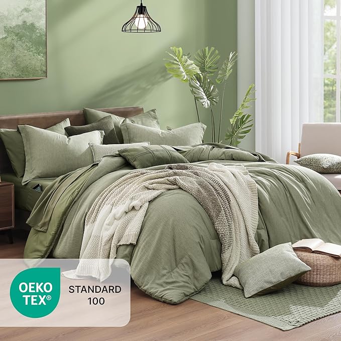 Monbix Queen Comforter Set - 7 Pieces Cationic Dyeing Sage Green Bed in a Bag Queen Bedding Sets with Comforter, Sheets, Pillowcases & Shams, Reversible Bedding Comforters Sets