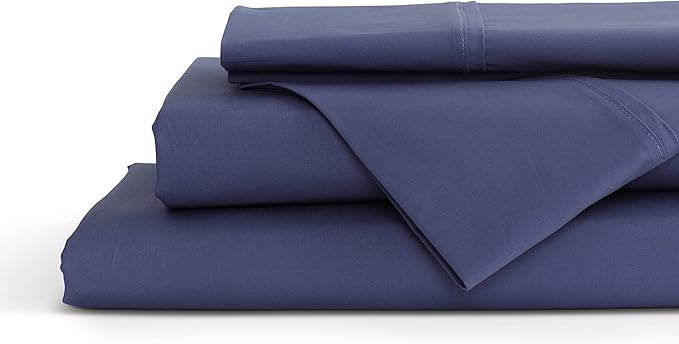 Linen Home 100% Cotton Percale Sheet Set, Twin Size, Dark Blue, Deep Pocket, 4 Pieces Set - 1 Flat, 1 Deep Pocket Fitted Sheet and 2 Pillowcases, Crisp Cool and Strong Bed Linen