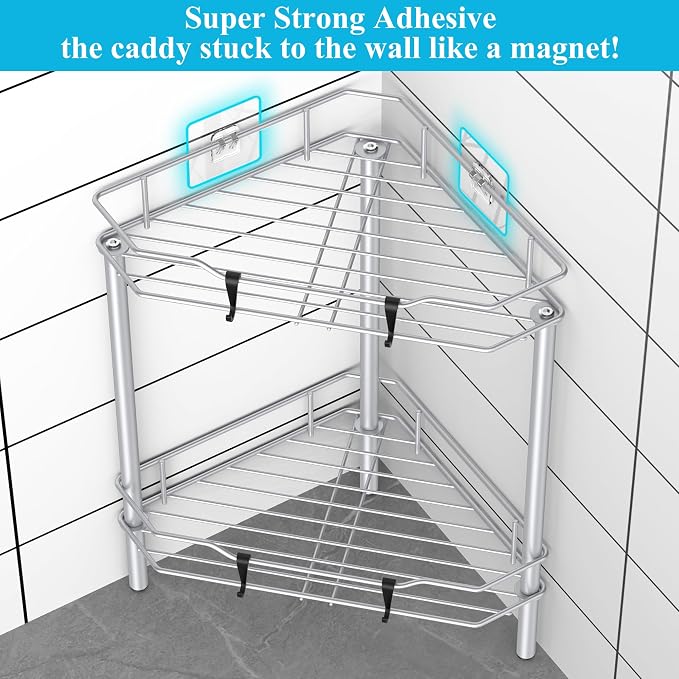 HuggieGems 2 Tier Floor Standing Corner Shower Caddy Organizer Shelf with Hooks, Bathroom Shelves Stand Rack, Silver - Image 2
