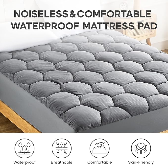 Sonive Waterproof Mattress Protector,Twin Mattress Protector with Deep Pocket up to 21'',Quilted Fitted Waterproof Mattress Pad,Ultra Soft & Supportive, Durable & Easy Care, Oeko-Tex Certified Grey