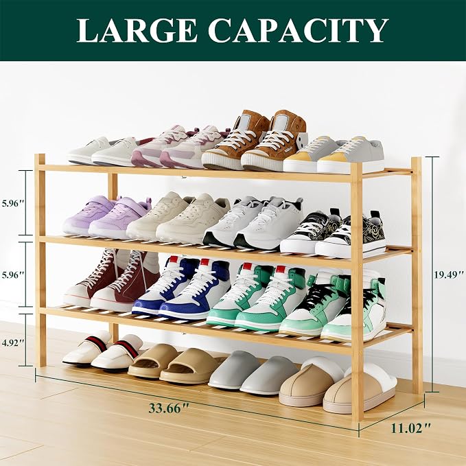 Smiry Shoe Rack, 3 Tier Long Bamboo Shoe Organizer, Stackable Free Standing Wooden Shoe Storage Shelf for Closet, Entryway, Front Door Entrance, Natural - Image 2