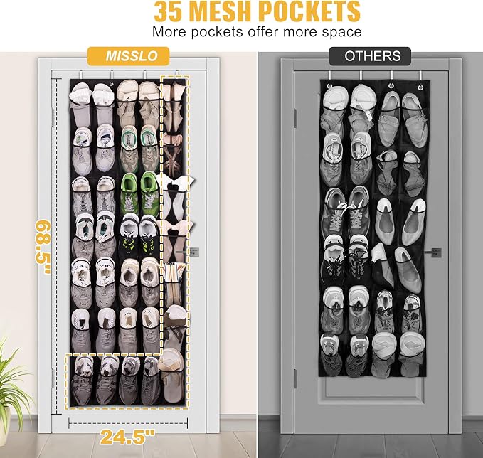 MISSLO 35 Large Pockets Over the Door Shoe Rack for Door Sturdy Oxford Over the Door Shoe Organizer Closet Hanging Shoe Holder Hanger - Image 2